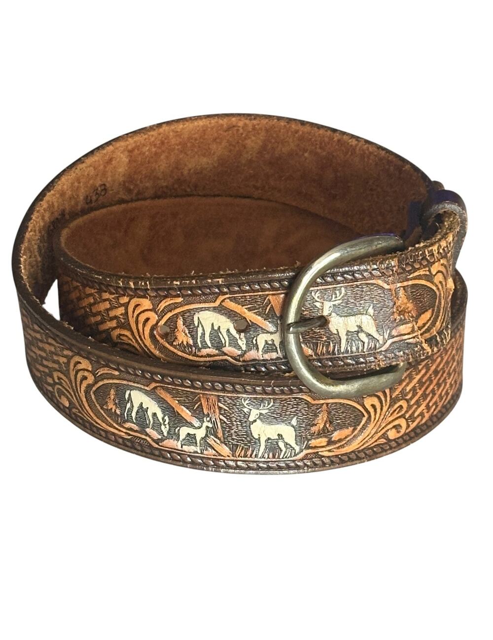 Brushy Creek Hand Tooled Leather Belt Mens Size 36 Deer Buck Doe Rugged Hunting